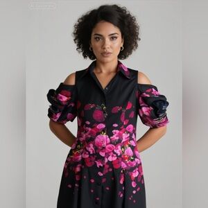 Samuel Dong  Floral midi dress open shoulder ruffle sleeves black and pink